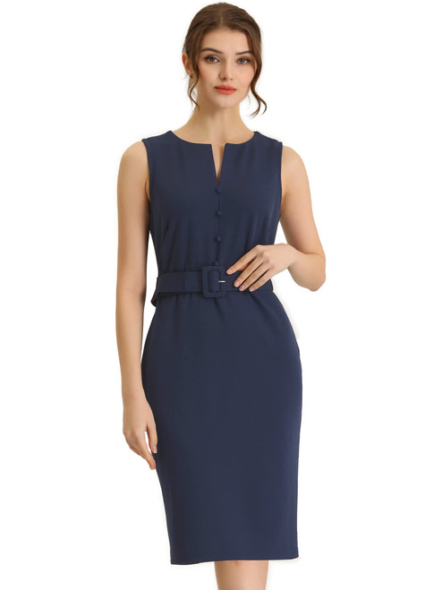 Allegra K Sleeveless Work Sheath Dress for Women's Elegant Round Neck Belted Bodycon Pencil Dress X-Small Dark Navy
