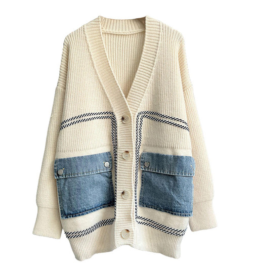 ebossy Women's Spliced Denim Pockets Knit Cardigan Button Down Slouchy Stripe Sweater Outwear (1size, Beige)