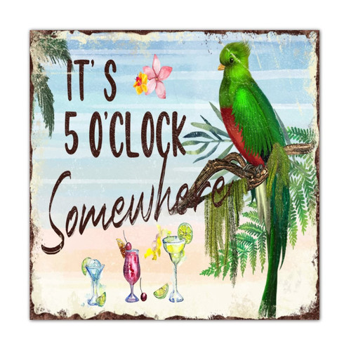 CustonCares It's 5 O'Clock Somewhere Wood Plank Hanging Sign Wall Decorative Personalized Tropical Flamingo Hawaiian Aloha Signs Antique Wooden Sign for Dinning Room Laundry Porch 16x16in