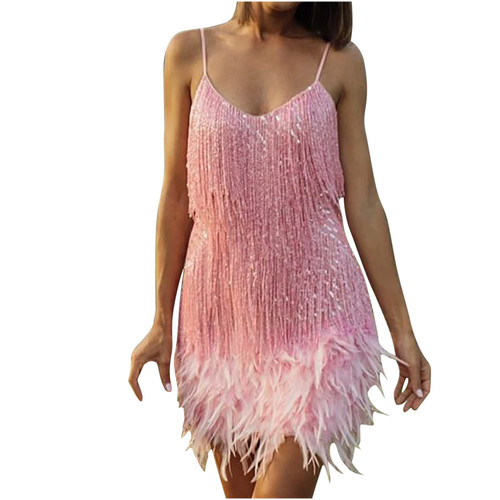 ticcoy Summer Dresses for Women Sexy Glitter Sequin Spaghetti Straps Bodycon All-Over Fringe Mini Dresses Party Clubwear