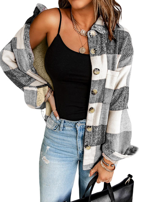 EVALESS Women's 2023 Plaid Shacket Jacket Long Sleeve Button Down Flannel Shirts Fashion Casual Sherpa Fleece Lined Lapel Winter Coats,Gray L