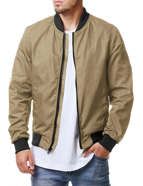 COOFANDY Men Varsity Bomber Jacket Lightweight Casual Softshell Flight Windbreaker Coat Khaki M