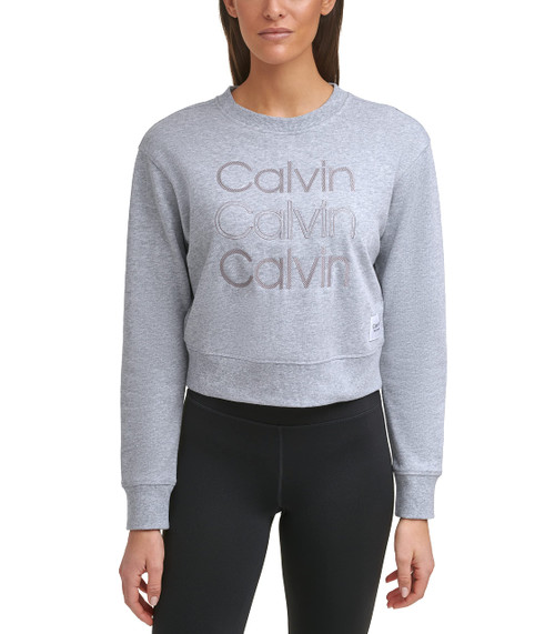 Calvin Klein Performance Women's Embroidered Calvin Logo Long Sleeve Crew Neck Pullover, Pearl Grey Heather, M