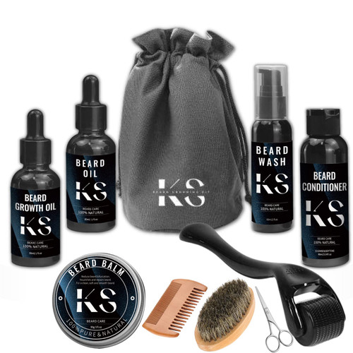 K S Exclusive Beard Kit w/Beard Wash & Conditioner, Beard Oils, Beard comb, scissors and brush, Beard Balm, Beard roller and Premium quality Travel Bag