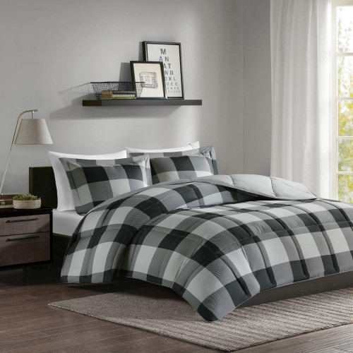 Madison Park Essentials Plaid Comforter Set Bedding Sets Modern All Season Bedding Set with Matching Sham, Full/Queen, Grey/Black