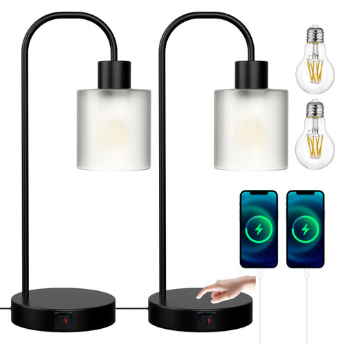 AdiyZ Industrial Table Lamps for Bedroom Set of 2 - Touch Control Lamps for Nightstand for Living Room with 2 USB Port,Vintage Dimmable Bedside Lamps,Black Desk Lamps for Reading?2 LED Bulbs Included?