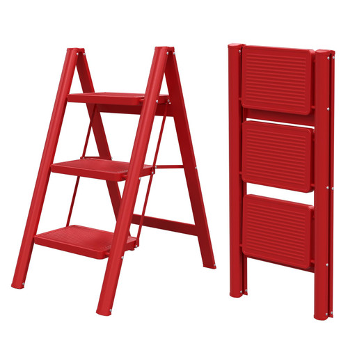 Step Ladder EFFIELER Step Ladder Step Stool Folding Step Stool with Handrails, Sturdy Step Stool for Adult, 500LBS Capacity Sturdy& Portable Ladder (Matte Red, 3-Step)