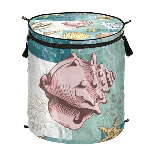 Seashells Corals Starfishes Pop Up Laundry Hamper Collapsible with Lid Dirty Clothes Hamper Laundry Basket Storage Hamper Organizer for Laundromat, Dorm, Apartment