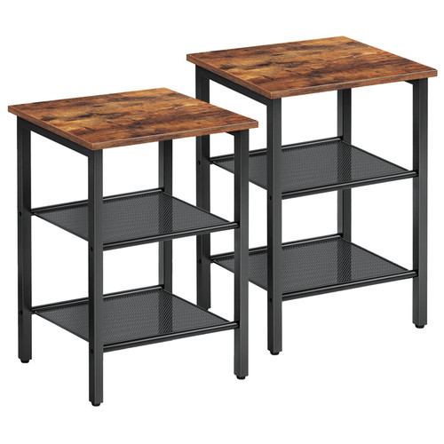 HOOBRO End Table, Nightstands Set of 2, 3-Tier Side Table with Mesh Shelves, Industrial End Table for Small Space in Living Room, Bedroom and Balcony, Stable Metal Frame, Rustic Brown BF21BZP201