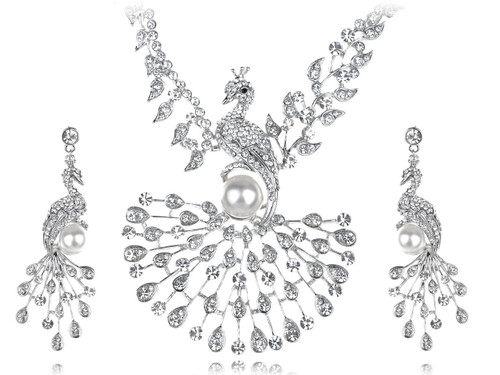 Alilang Womens Silvery Tone Clear Rhinestones Faux Pearl Peacock Bird Necklace Earrings Set Alilang Womens Silvery Tone Clear Rhinestones Faux Pearl Peacock Bird Necklace Earrings Set