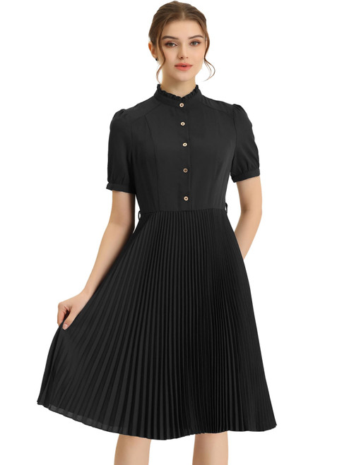 Allegra K Women's 2023 Summer Elegant Short Sleeve Ruffle Stand Neck Belted Waist Pleated A Line Midi Dress X-Small Black