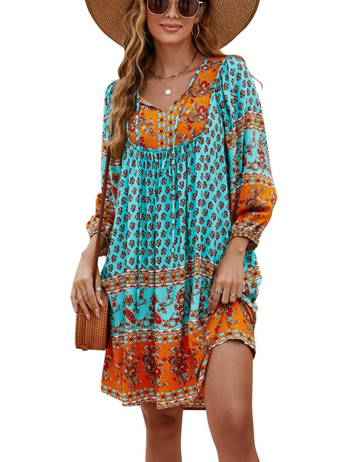 Bluetime Women Casual Babydoll Dress Mini Short 3/4 Long Sleeve Cover ups Summer Bohemian Dresses (XL, Neo Mint)