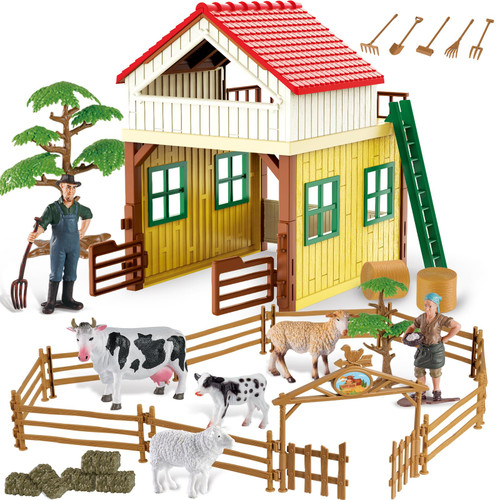 Mostop Kids Farm Animal Barn House Toy, 50 PCS Farm Figurines Farmhouse Toys Pretend Play Set with Countryside Farmhouse,Farm Fence, Animal Figures, Farmers, Christmas Birthday Gift for Kids Toddlers