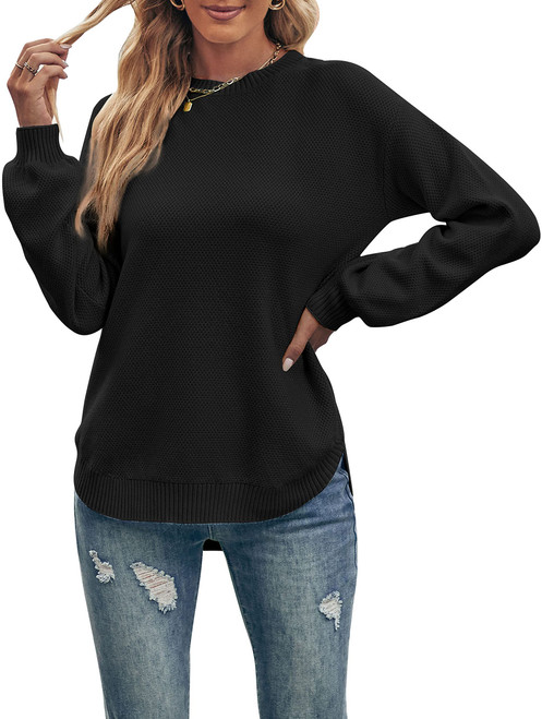 MEROKEETY Women's 2023 Fall Long Balloon Sleeve Crew Neck Sweater Tops Waffle Knit Soft Pullover Jumper, Black, XL