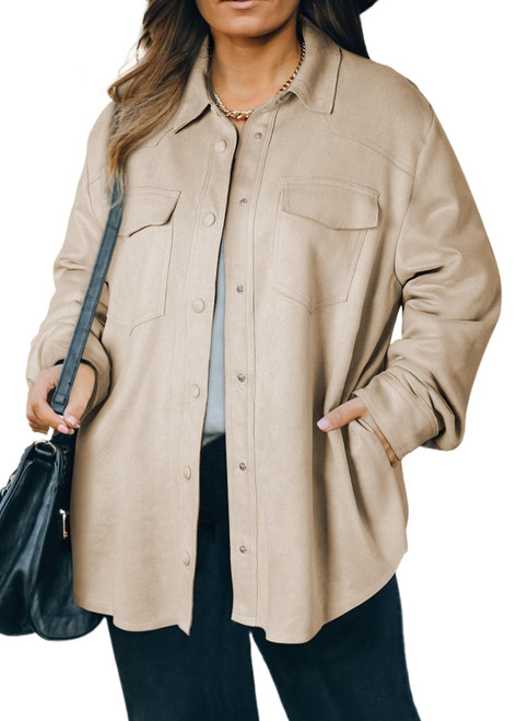 Eytino Womens Plus Size Shacket Shirt Long Sleeve Button Down Faux Suede Jacket Coats with Pockets,Apricot 4X