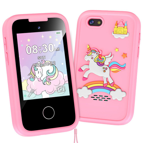 Kids Phone for Girls Toys, Unicorns Gifts for 3-10 Year Old Girls Boys Christmas Birthday Kids Toys, Touchscreen Toddler Learning Cell Toy Phone with Dual Camera, Game, Music Player, 8G SD Card (Pink)