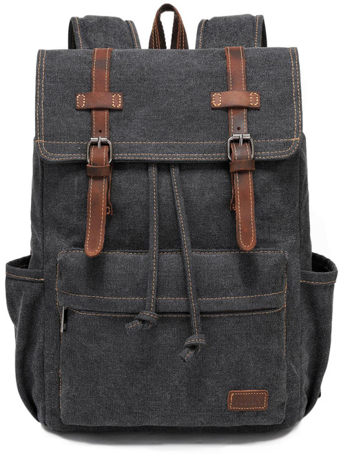 JIELV Canvas Vintage Backpack,Mens Travel Rucksack,Casual Daypack Bookbag for Laptop Work Travel Hiking(Black)