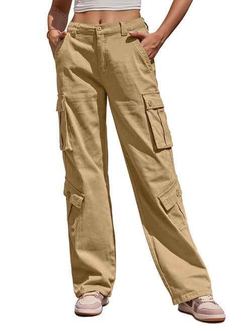ZMPSIISA Women Pants High Waisted Cargo Pants Combat Military Trousers Wide Leg Casual Pants 8 Pockets (Khaki,X-Large)