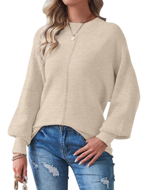 TECREW Women's Batwing Long Sleeve Crew Neck Pullover Sweater Soft Ribbed Knit Sweater Top, Oatmeal, Small