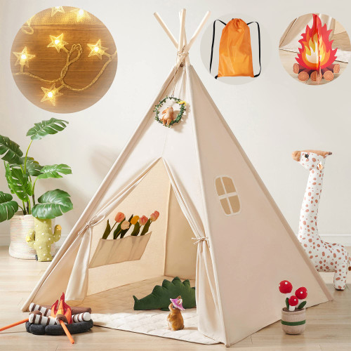 Kids-Teepee-Tent with Lights & Campfire Toy & Carry Case, Natural Cotton Canvas Toddler Tent - Washable Foldable Teepee Tent for Kids Indoor Tent, Outdoor Play Tent for Girls & Boys Kids-Teepee-Tent with Lights & Campfire Toy & Carry Case, Natural Cotton Canvas Toddler Tent - Washable Foldable Teepee Tent for Kids Indoor Tent, Outdoor Play Tent for Girls & Boys