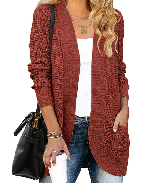 YIBOCK Womens Long Sleeve Open Front Waffle Chunky Knit Draped Cardigan Sweater Outwear Rust