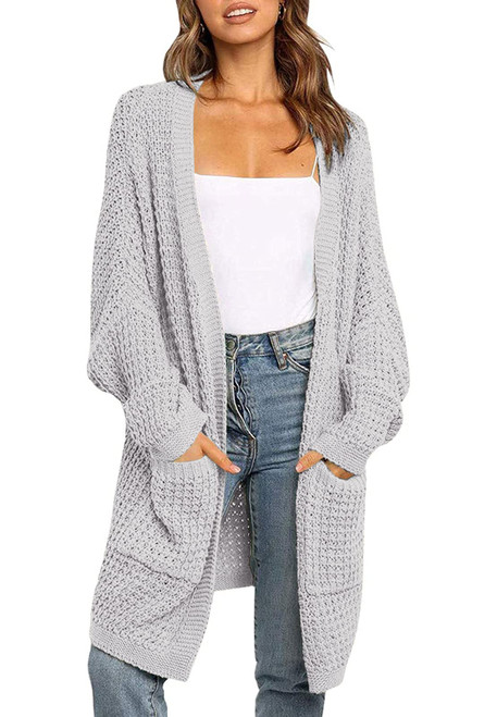 ZESICA Women's 2023 Fall Long Batwing Sleeve Open Front Chunky Knit Cardigan Sweater,B&LightGrey,Large