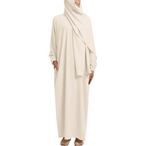 IDOPIP Muslim Abaya for Women One Piece Long Sleeve Islamic Prayer Dress with Hooded Hijab Jilbab Loose Maxi Kaftan Dubai Robe Full Length Cover Gown Middle East Modest Prayer Clothes Beige No.1