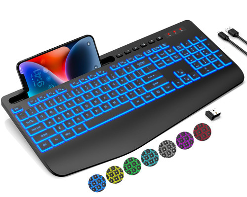 Trueque Wireless Keyboard with 7 Colored Backlits, Wrist Rest, Rechargeable Ergonomic Keyboard with Phone Holder, Silent Lighted Full Size Computer Keyboard for Windows, MacBook, PC, Laptop (Black)