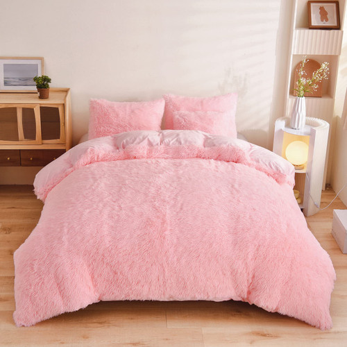 HIMEAN Fluffy Duvet Cover Twin Size, Soft Plush Shaggy Faux Fur Velvet Comforter Cover Bedding Set 3 Pieces(1 Duvet Cover + 1 Pillowcase + 1 Throw Pillow Cover) Pink, Twin