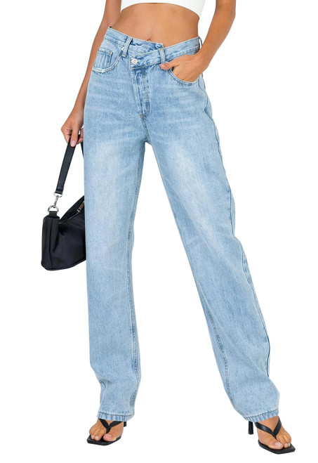 PLNOTME Women's High Waisted Baggy Jeans Straight Leg Boyfriend Crossover Casual Denim Pants Light Blue
