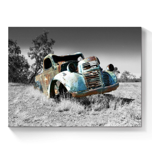 SunFlax Rusty Truck Canvas Wall Art - Vintage Rustic Abandoned Old Blue Car Picture Country Classic Farmhouse Painting Black and White Print Artwork for Bedroom Bathroom Office