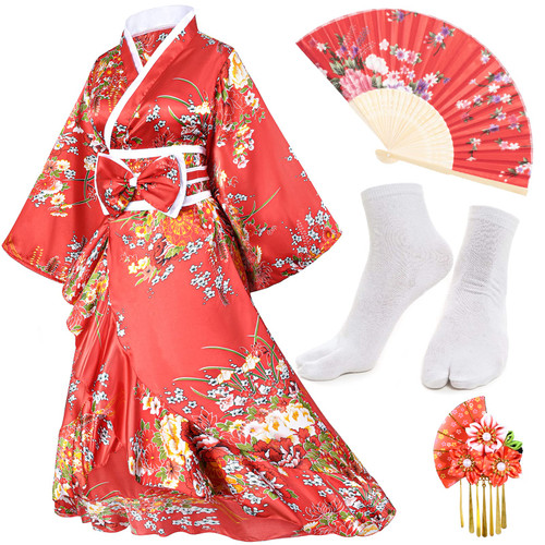 Japanese Anime Women's Kimono Robe Geisha Yukata Sweet Tuxedo Ruffle Dress Blossom Satin Bathrobe Sleepwear Fans Tabi Socks Set Red L