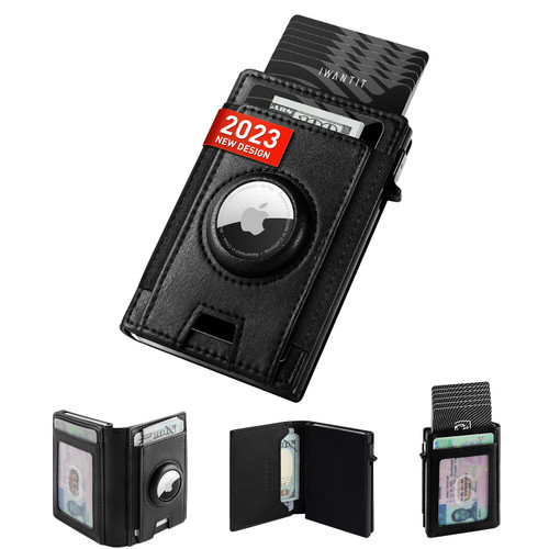 iwantit Apple Airtag Wallet,RFID Blocking Pop Up Wallets for Men,Credit Card Holder:Smart Wallet with Elastic Strap Pocket for 10+ Cards | ID Window | Wallet with Gift Box(Airtag not Included)(Black)