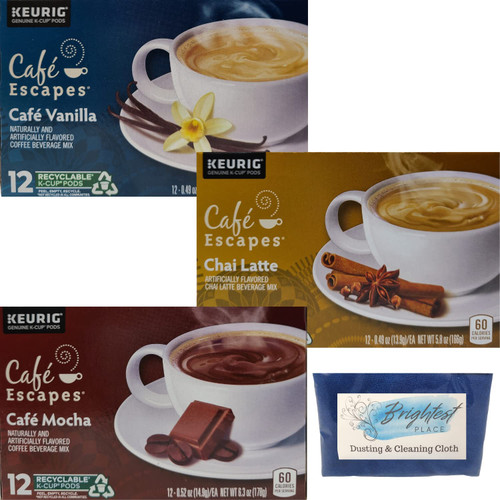 K-Cup Coffee Single Pods Variety Bundle with Cafe Escapes Flavors Cafe Vanilla, Cafe Mocha, Chai Latte 12ct Pack of 3 Boxes and Brightest Place Clean Up Cloth