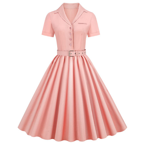 Women Notched Lapel Collar 50s Vintage Cocktail Swing Dress with Belt Short Sleeve Buttons Up 1950s Rockabilly Prom Audrey Hepburn Dress Knee Length Pleated Fit A Line Church Work Dress Pink-Belt L