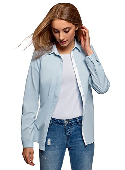 oodji Ultra Women's Cotton Shirt with Chest Pocket, Blue, 10