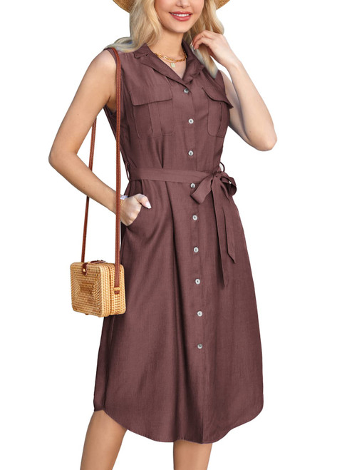 GRACE KARIN Summer Shirt Dress for Women Sleeveless Denim Dresses Button Down Vacation Chambray Dress with Belt Wine Red S