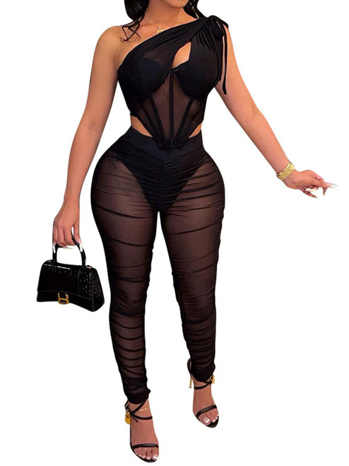 Uni Clau Women Sexy See Through Two Piece Jumpsuits Halter Camisole V Neck One Shoulder Tops Sheer Mesh Long Skinny Pants Jumpsuit Club Long Romper Black L