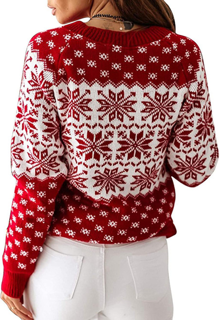 ZAFUL Women's Christmas Snowflake Knitted Sweater Long Sleeve Crew Neck Heart Print Pullover Knitwear Red