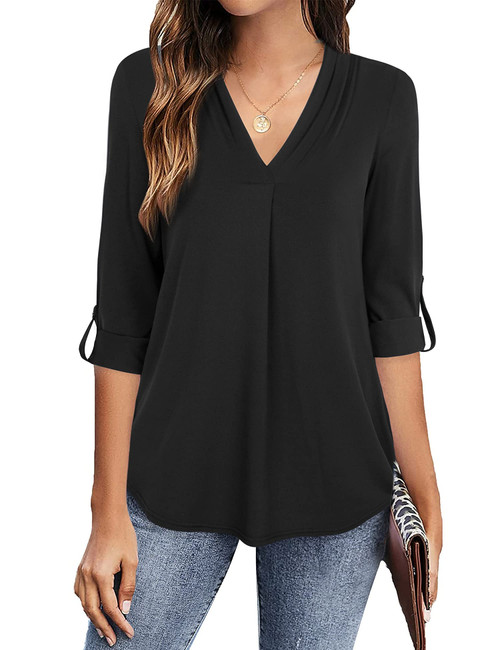 Timeson Black Blouses for Women,Long Sleeve Tunic Tops for Womens Pleated V Neck Dress Shirts Business Casual 3/4 Sleeve Fancy Peasant Work Tops and Blouse Office Formal Elegant Ladies Shirt