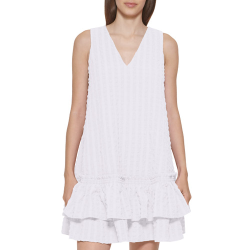 Calvin Klein Women's Sleeveless Dress with Side Pleated Ruffle, White, 4