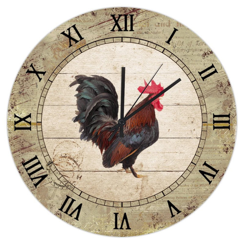 Wooden Clock Chic Wood Grain Wooden Wall Clocks 16in Non-Ticking Sweep Quartz Battery Operated Vintage Rooster Personalized Clock Chic Wood Grain Large Wall Clock for Dining Room Laundry Room Man Cave