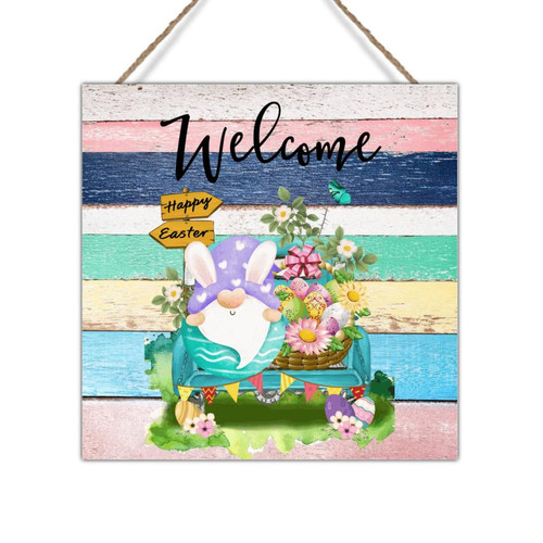 Swavecat Happy Easter Egg Gnome in Truck Wood Sign Welcome Spring Flower Bunny Ear Gnome Wood Sign Bunny Rabbit Happy Easter Wood Signs Wall Decor for Laundry Room Bedroom 16x16in