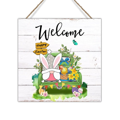 Swavecat Happy Easter Egg Gnome in Truck Wood Signs Welcome Spring Flower Bunny Ear Gnome Wood Plaque Art Sign Happy Easter Eggs Bunny Wood Sign for Laundry Room Bedroom 16x16in