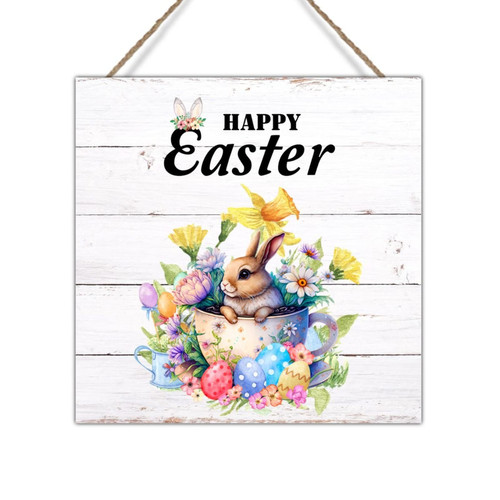 Swavecat Happy Easter Bunny Wreath Ear Home Decor Signs Rabbit Easter Eggs Spring Flowers Wall Decor Wood Sign Happy Easter Welcome Spring Wood Sign Kitchen Laundry Room Wall Decor 16x16in