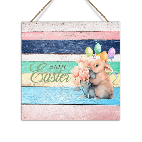 Swavecat Happy Easter Bunny Wood Wall Sign Farm Rabbit Flower Easter Eggs Sign Wall Decor Farmhouse Easter Decor Happy Spring Signs Wall Decor Kitchen Laundry Room Wall Decor 16x16in