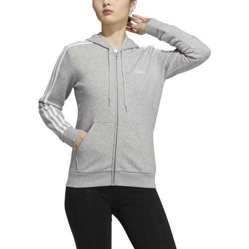 adidas Women's Essentials Fleece 3-Stripes Full-Zip Hoodie, Medium Grey Heather/White, X-Large