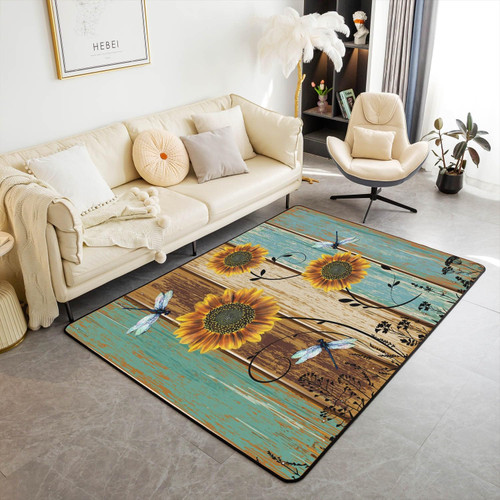 Erosebridal Rustic Cabin Area Rug,Dragonfly Sunflower Rug 3x5 for Bedside,Girl Women Nature Pastoral Farmhouse Floral Botanical Carpet,Vintage Blue Green Barn Indoor Floor Mat for Bedroom Non Shedding