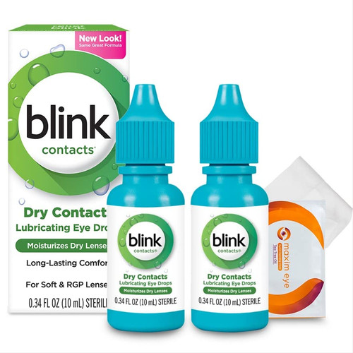 Blink Contacts Lubricating Eye Drops 2 Pack Mild-Moderate, Blink Eye Drops for Dry Eyes 10 ml (Total 20 ml), Bundled with 1 Tea Tree Oil Eyelid/Eyelash Wipe