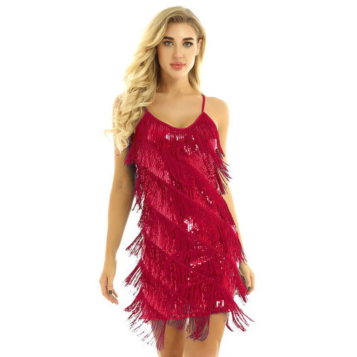 CHICTRY Women's Spaghetti Straps Tassels Sequin Fringe Flapper Dress Gatsby Party Dancewear Night Mini Dress (Red)